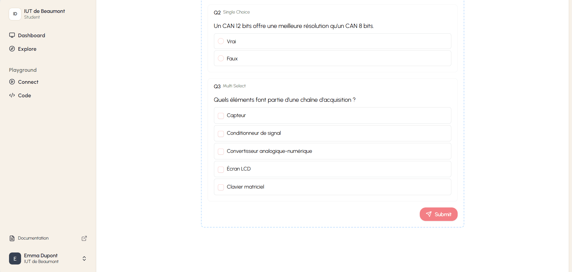 Quiz submission result