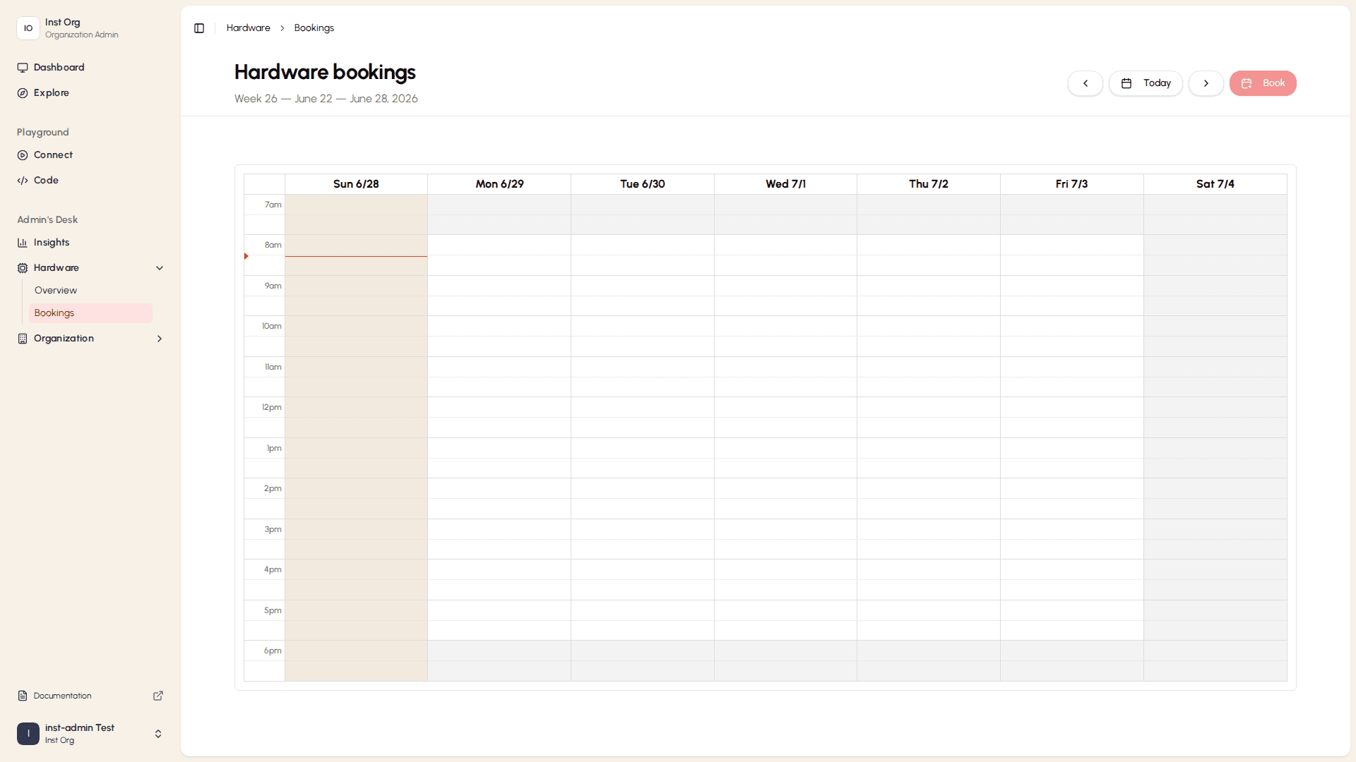 Hardware bookings calendar with scheduled sessions