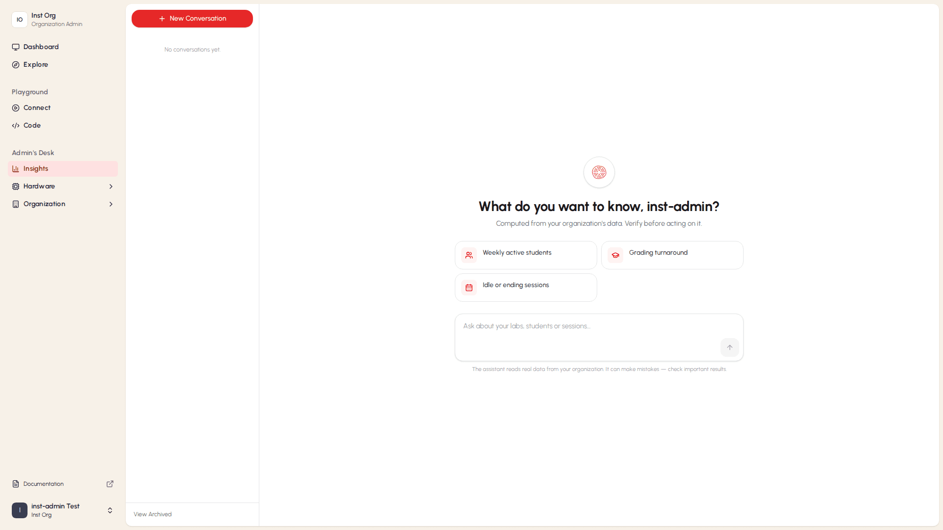 Insights home screen with suggested analytics prompts