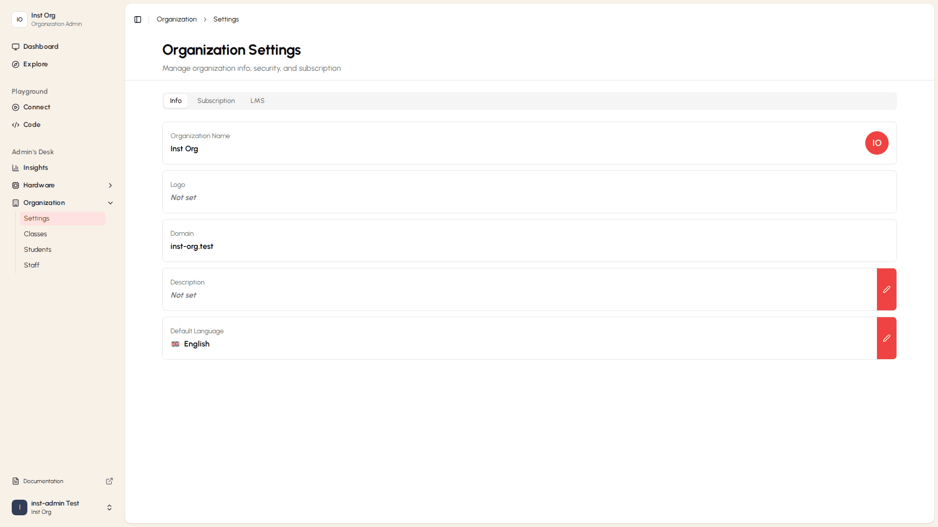 Organization settings page with plan and billing details