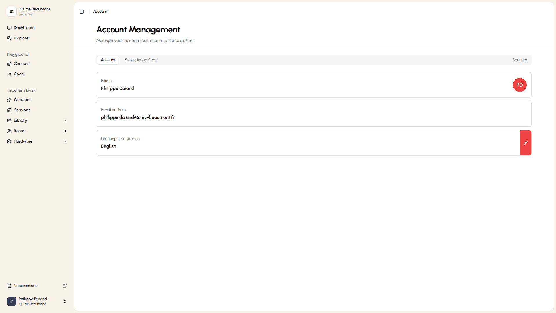 Account tab showing name, email, and language preference