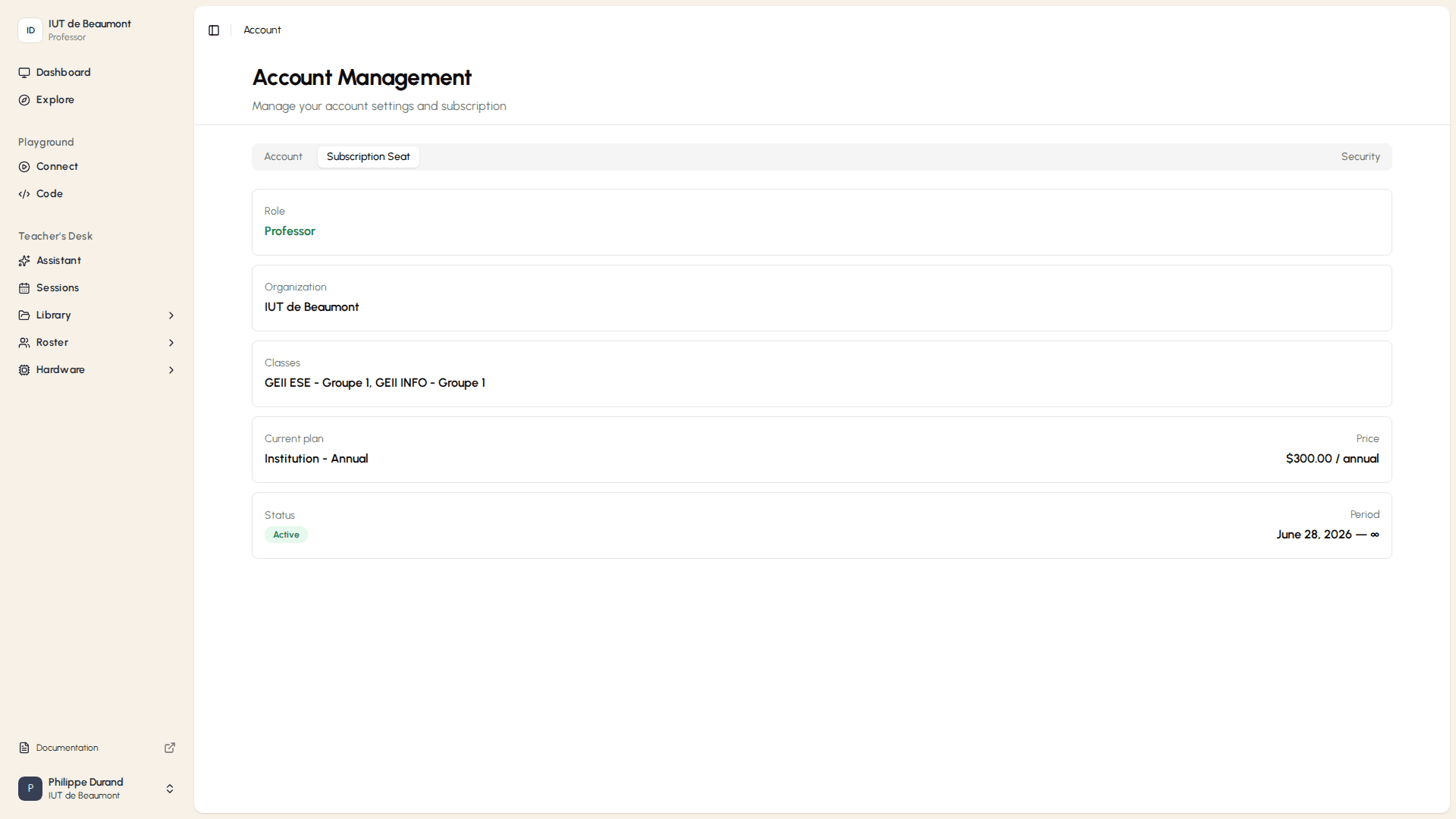 Subscription seat tab showing role, organization, and plan details