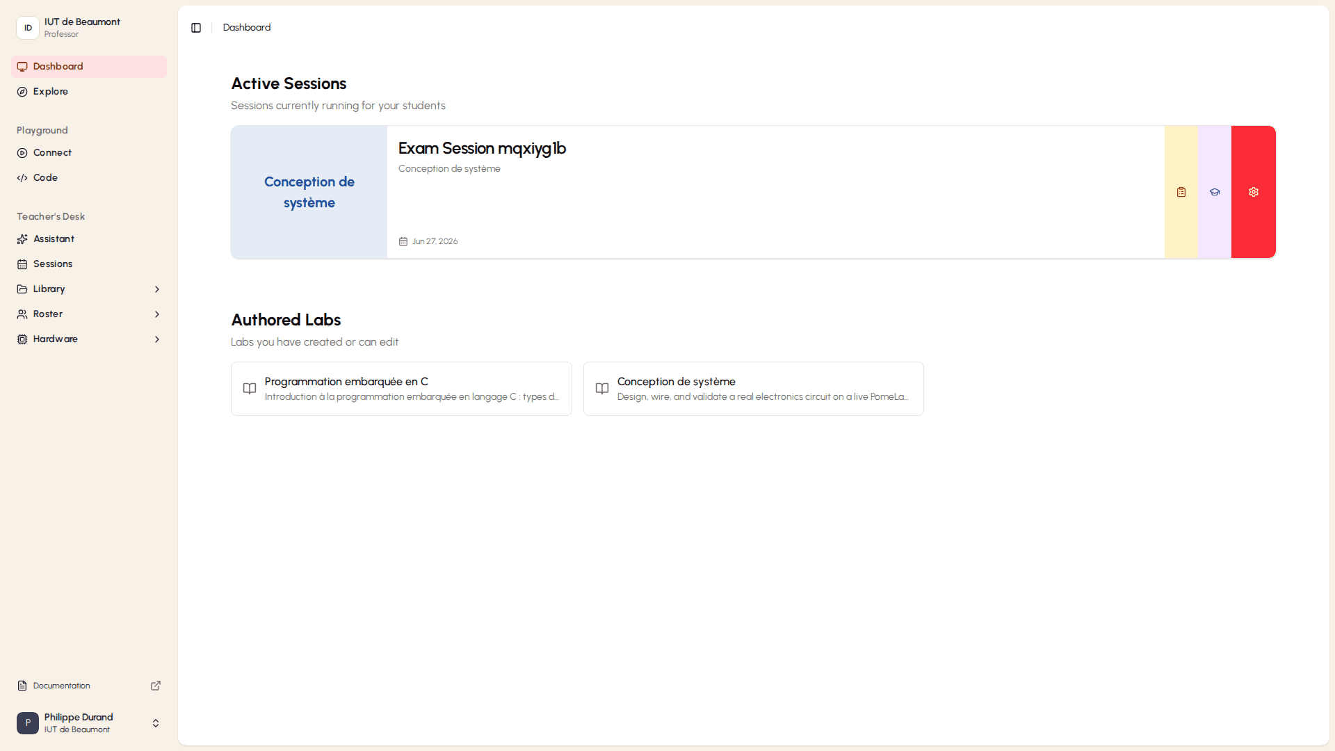 Professor dashboard with active sessions and authored labs