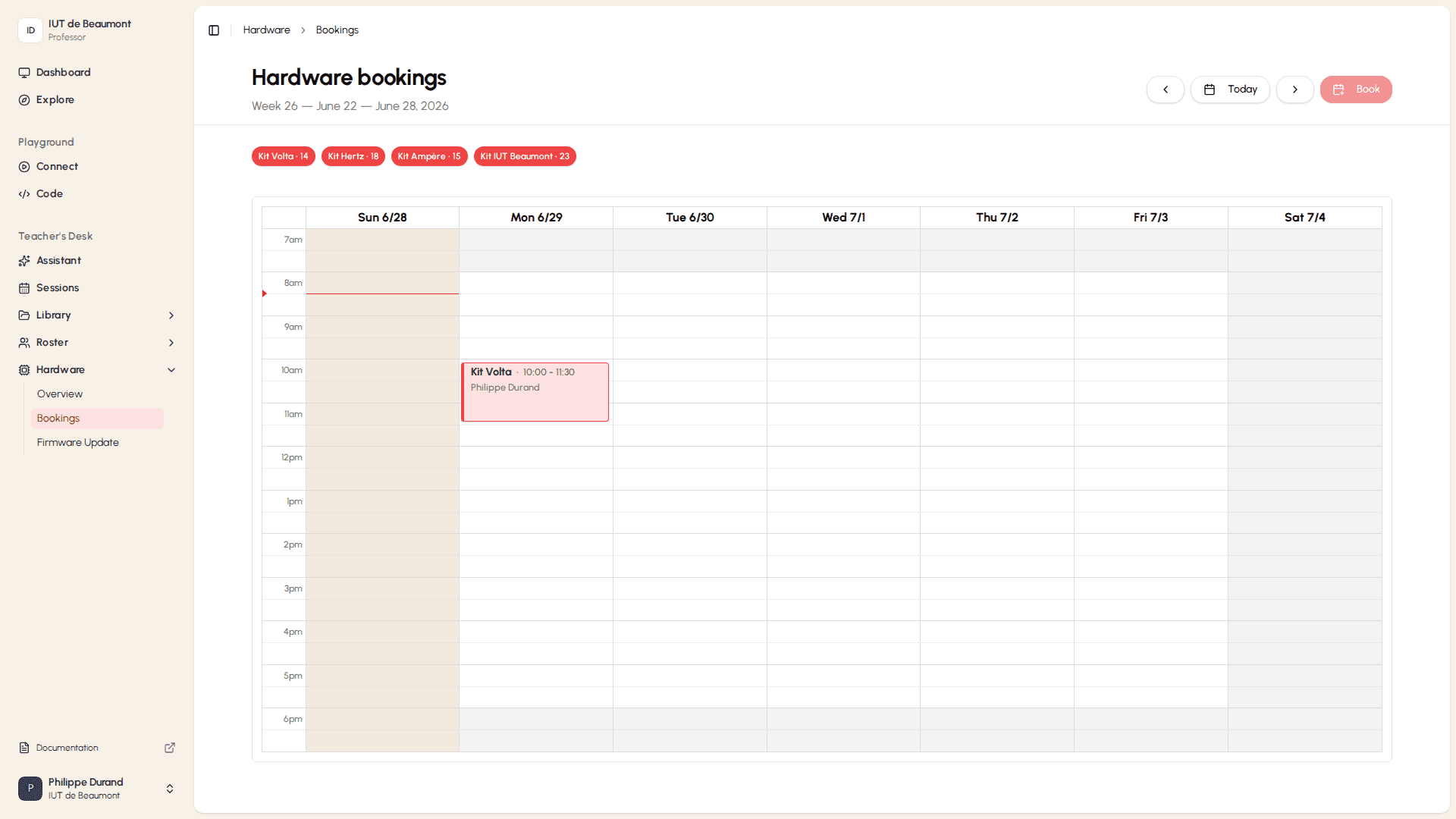 Hardware bookings calendar with kit badges and booking controls
