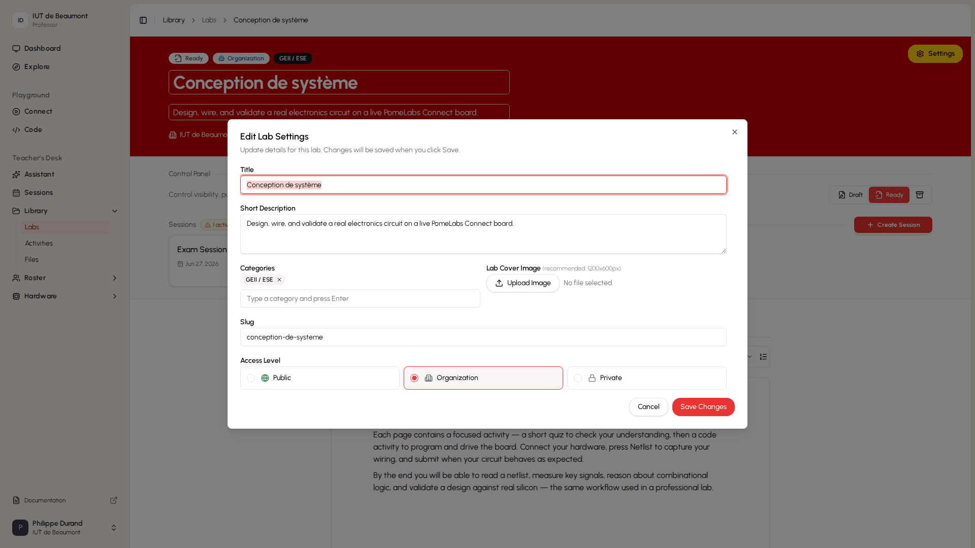 Lab edit dialog showing access level selector