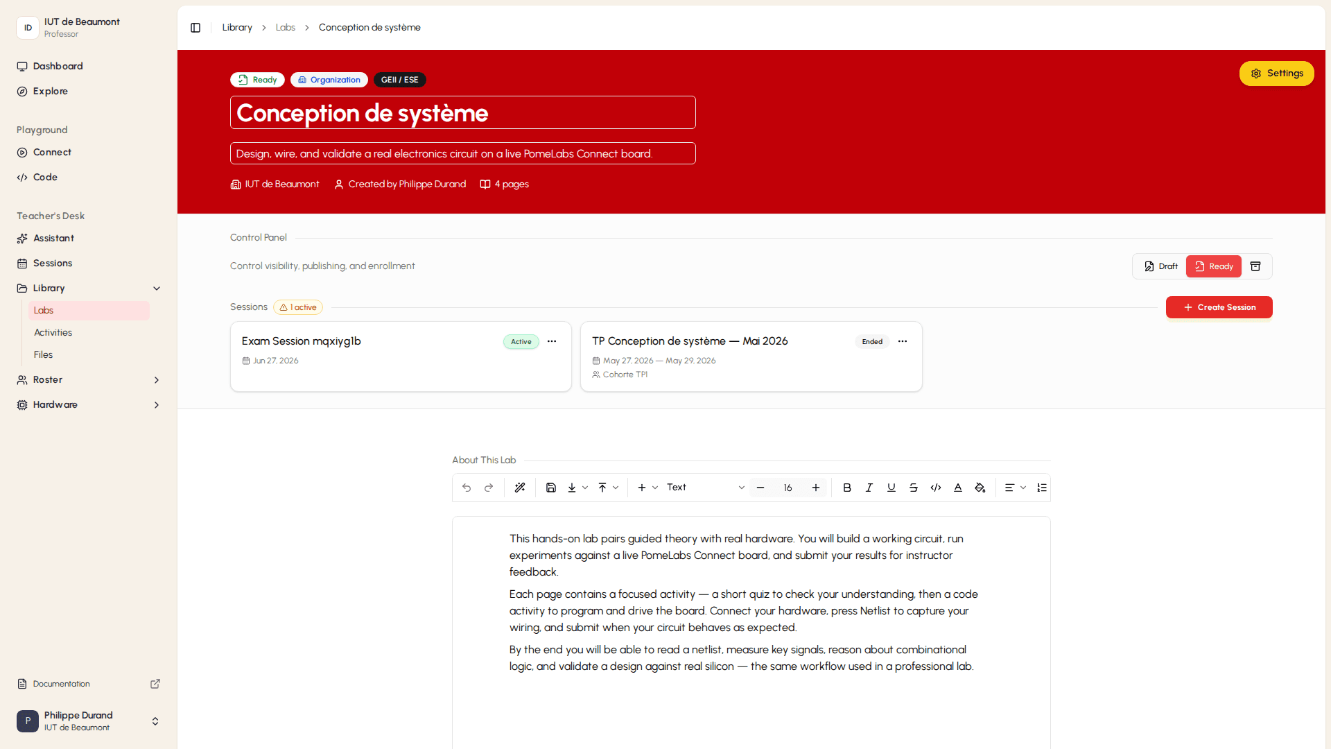 Lab editor outline with page cards and draft status badge