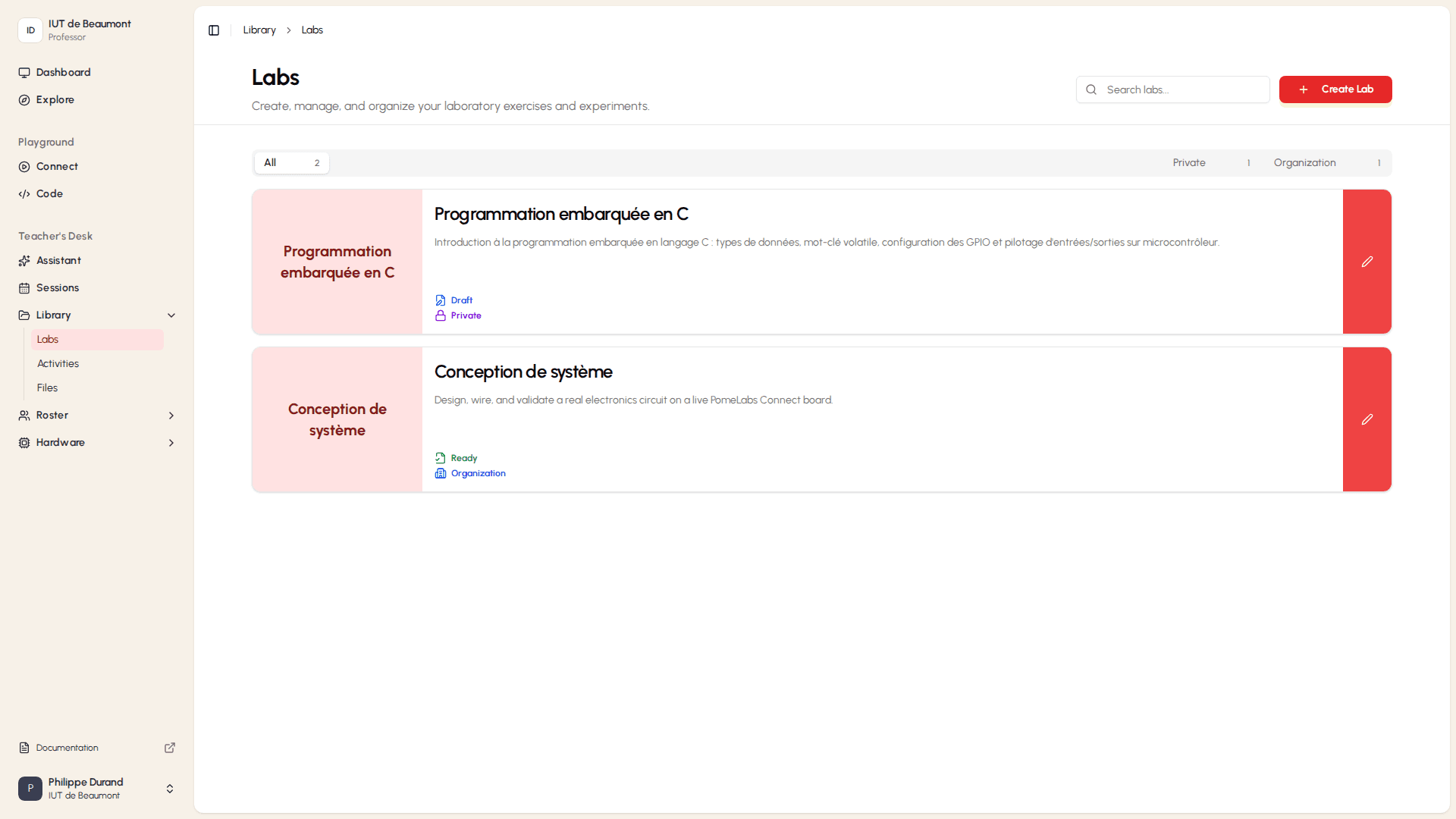 Lab library with search and create lab controls