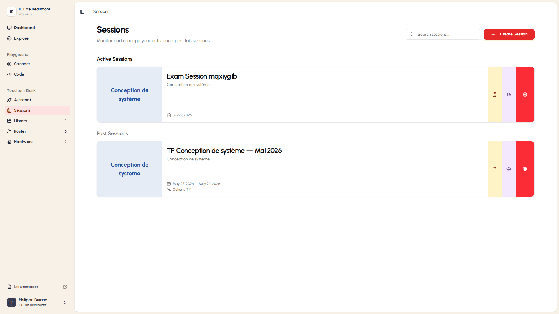 Sessions overview with active and past session sections
