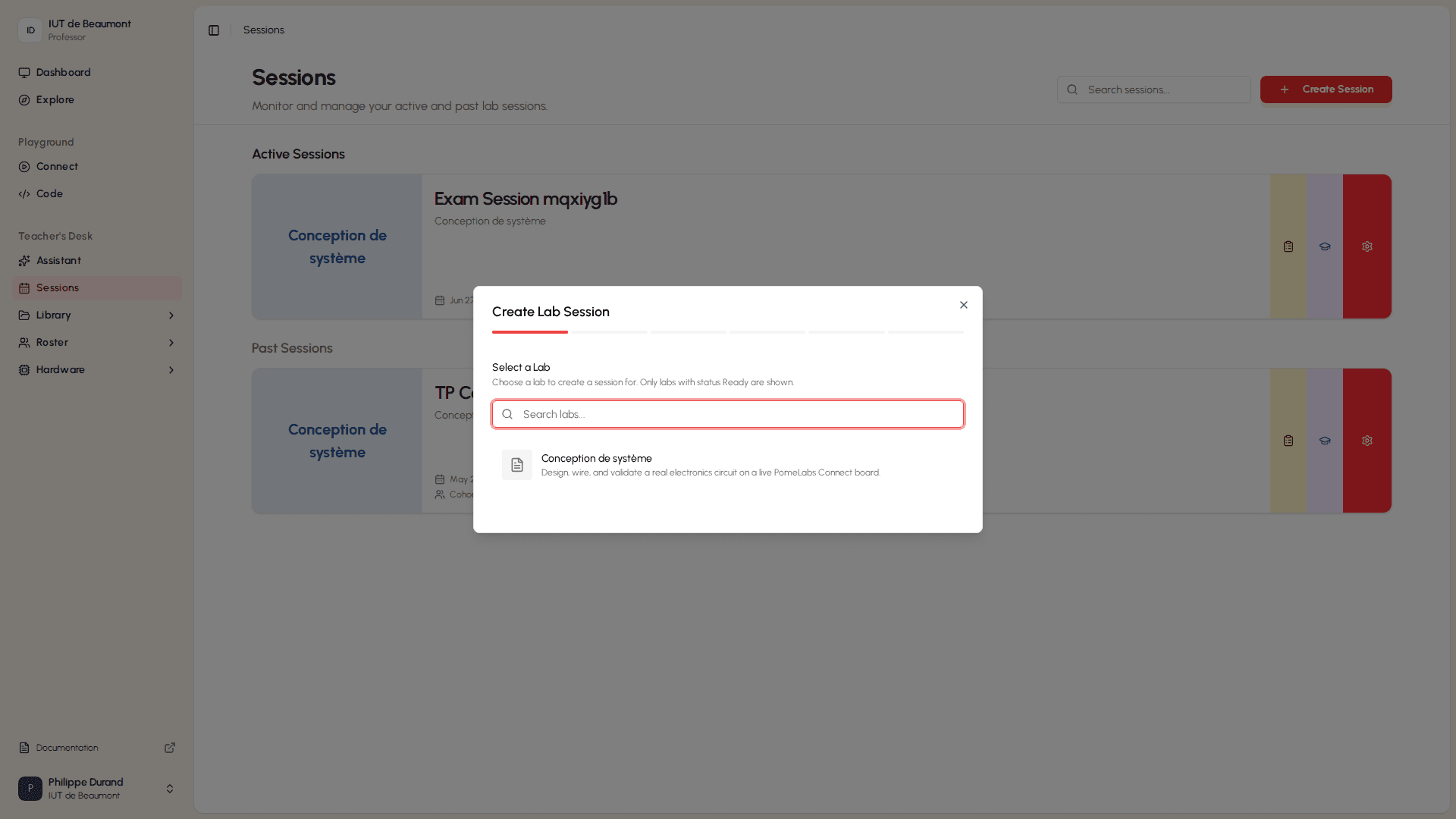 Create session dialog opened from sessions overview