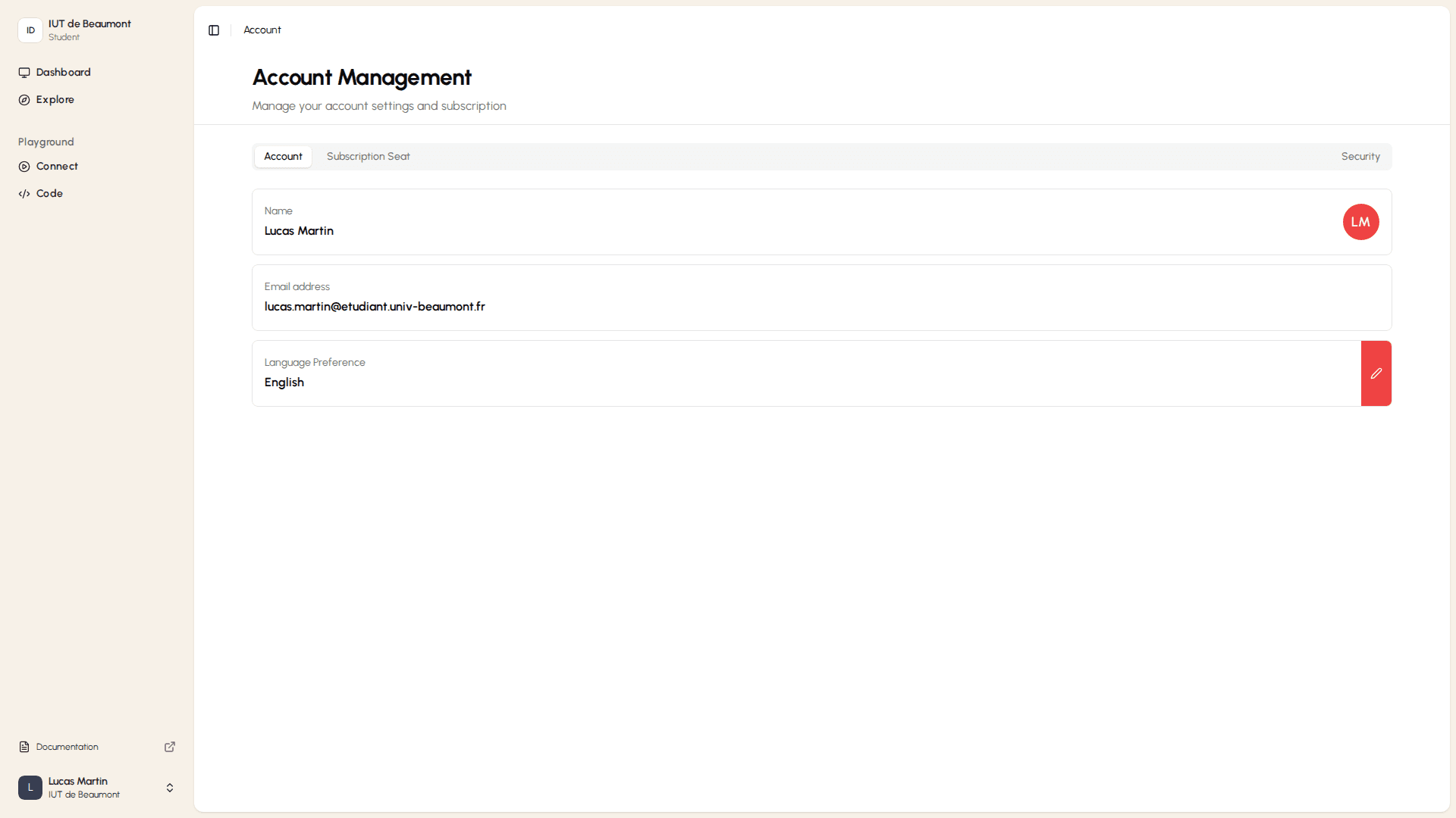 Account tab — name, email, and language preference