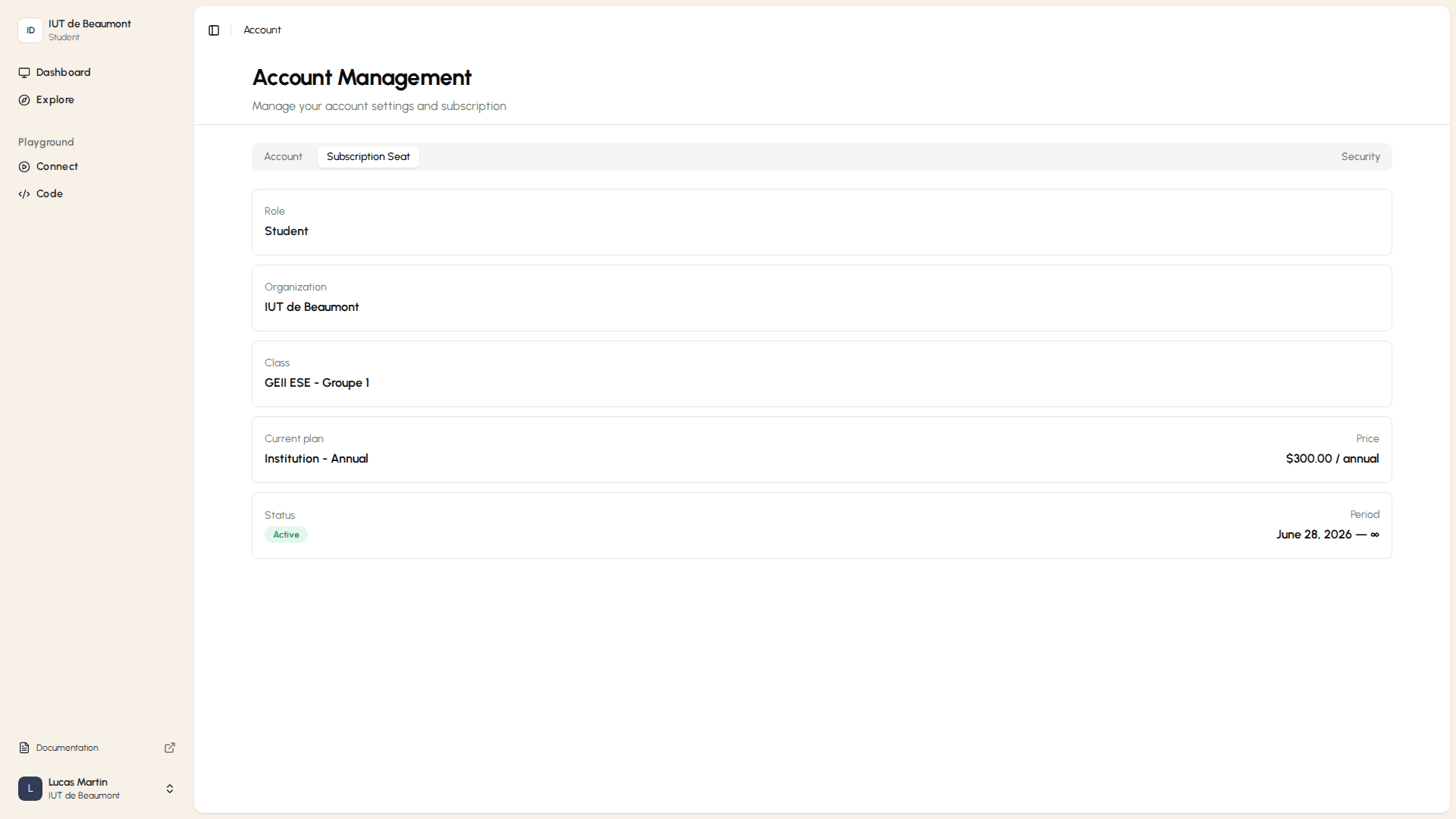 Subscription Seat tab — role, organization, and plan details