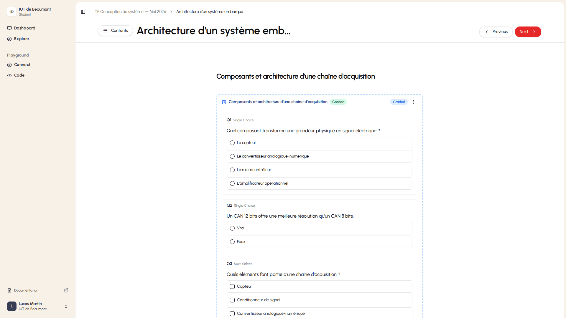 Quiz activity with radio options and Submit button