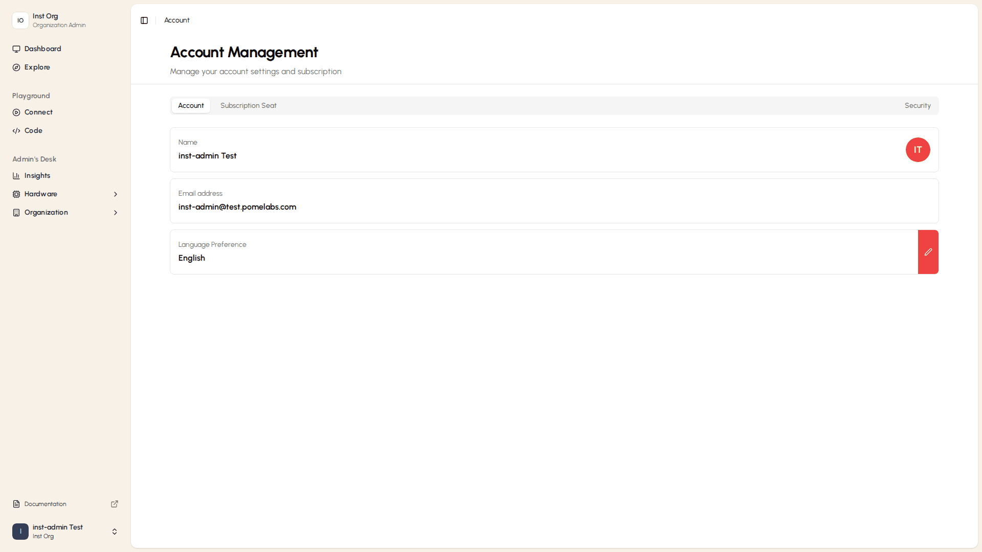 Account tab with profile and language preference