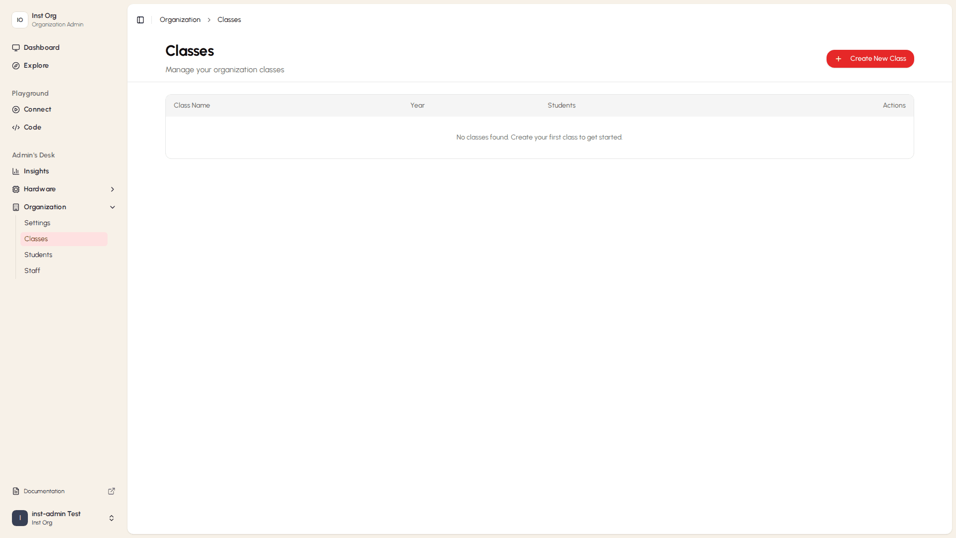 Classes list with create action