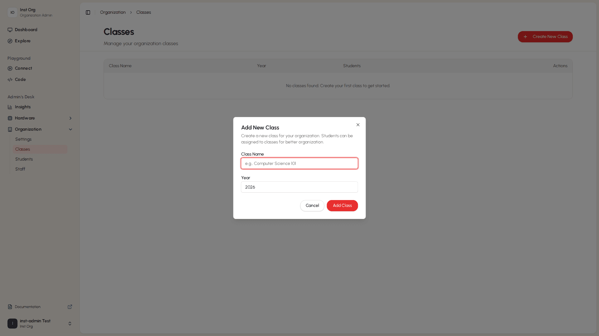 Create new class dialog