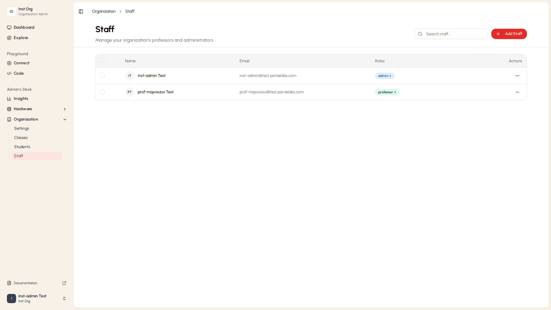 Staff list with member table and invite action