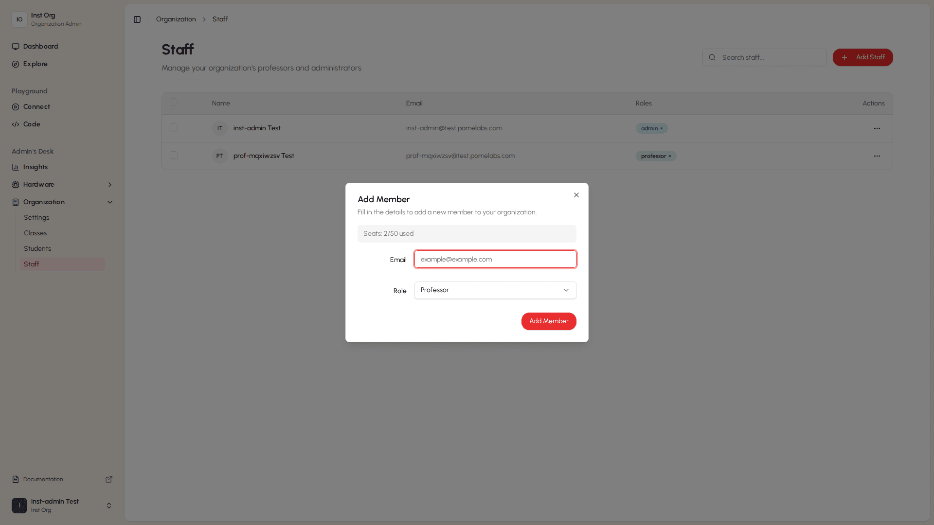 Invite staff dialog open with role selector