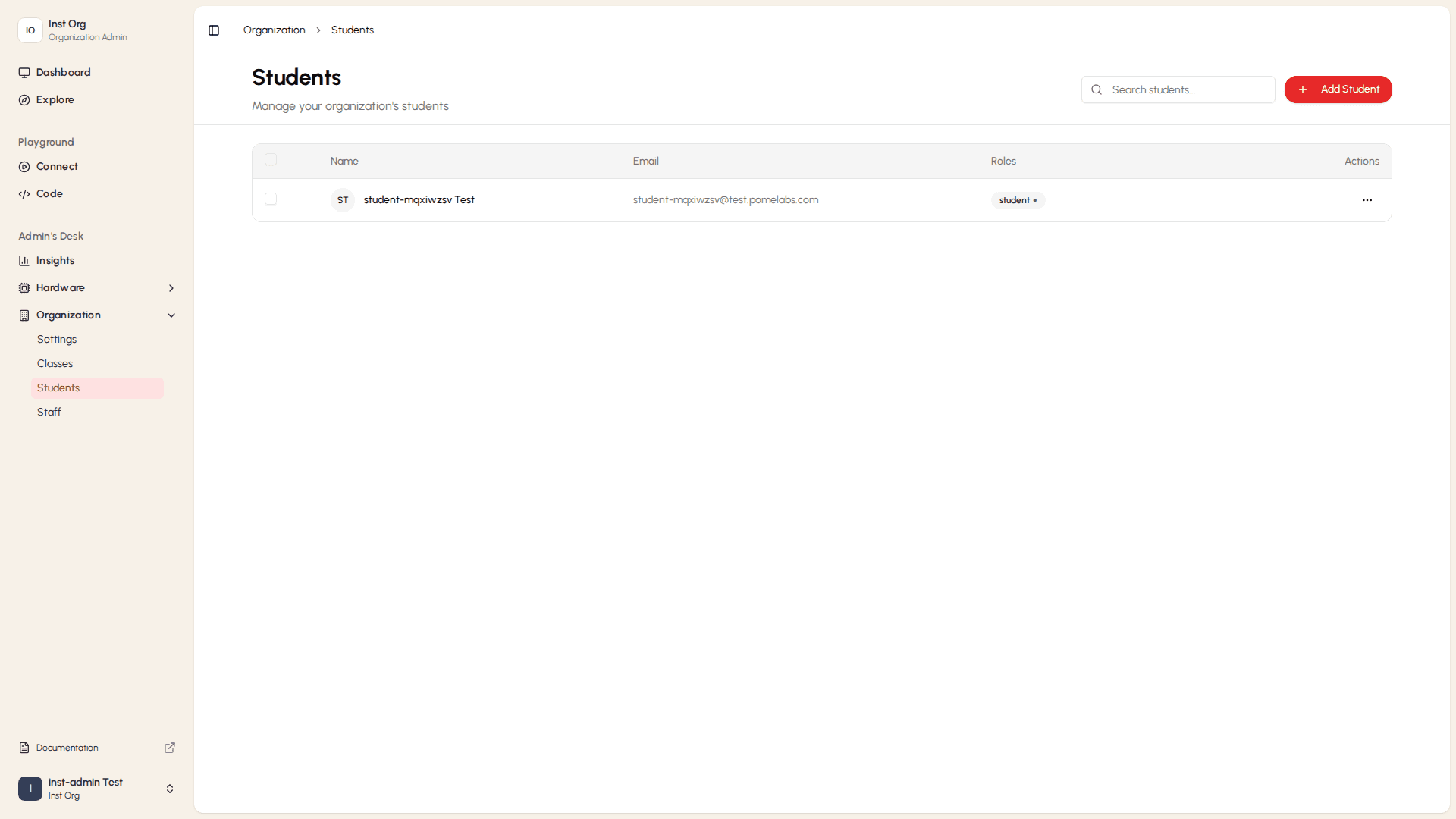 Students page with roster table