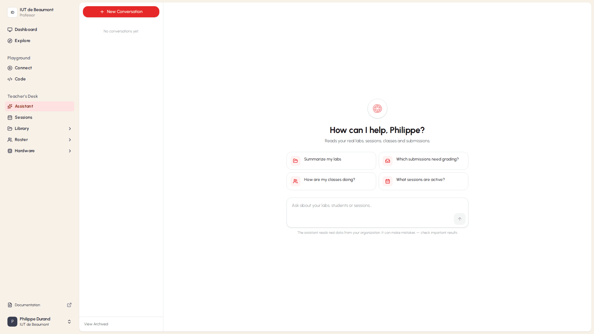Assistant home screen with suggested prompt cards