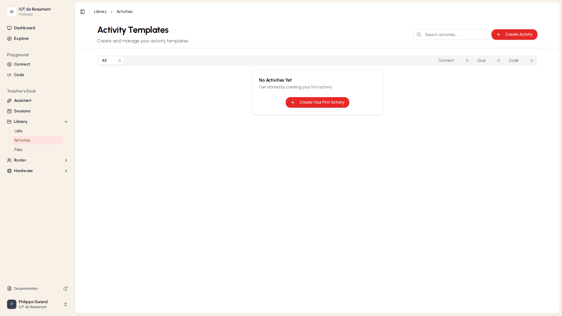 Activities library listing quiz and code activity templates