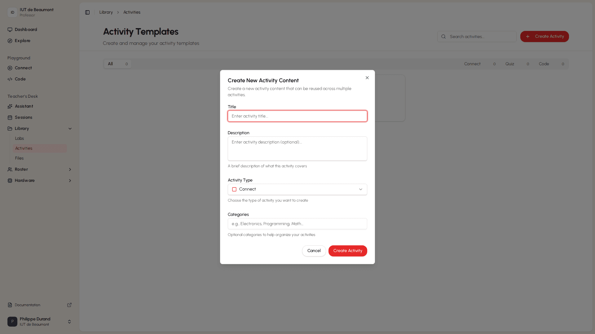 Create activity dialog with title input and template toggle