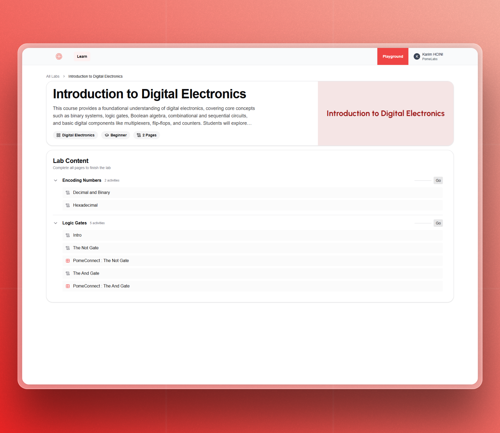 A screenshot of the PomeConnect application interface, showing the Lab page.
