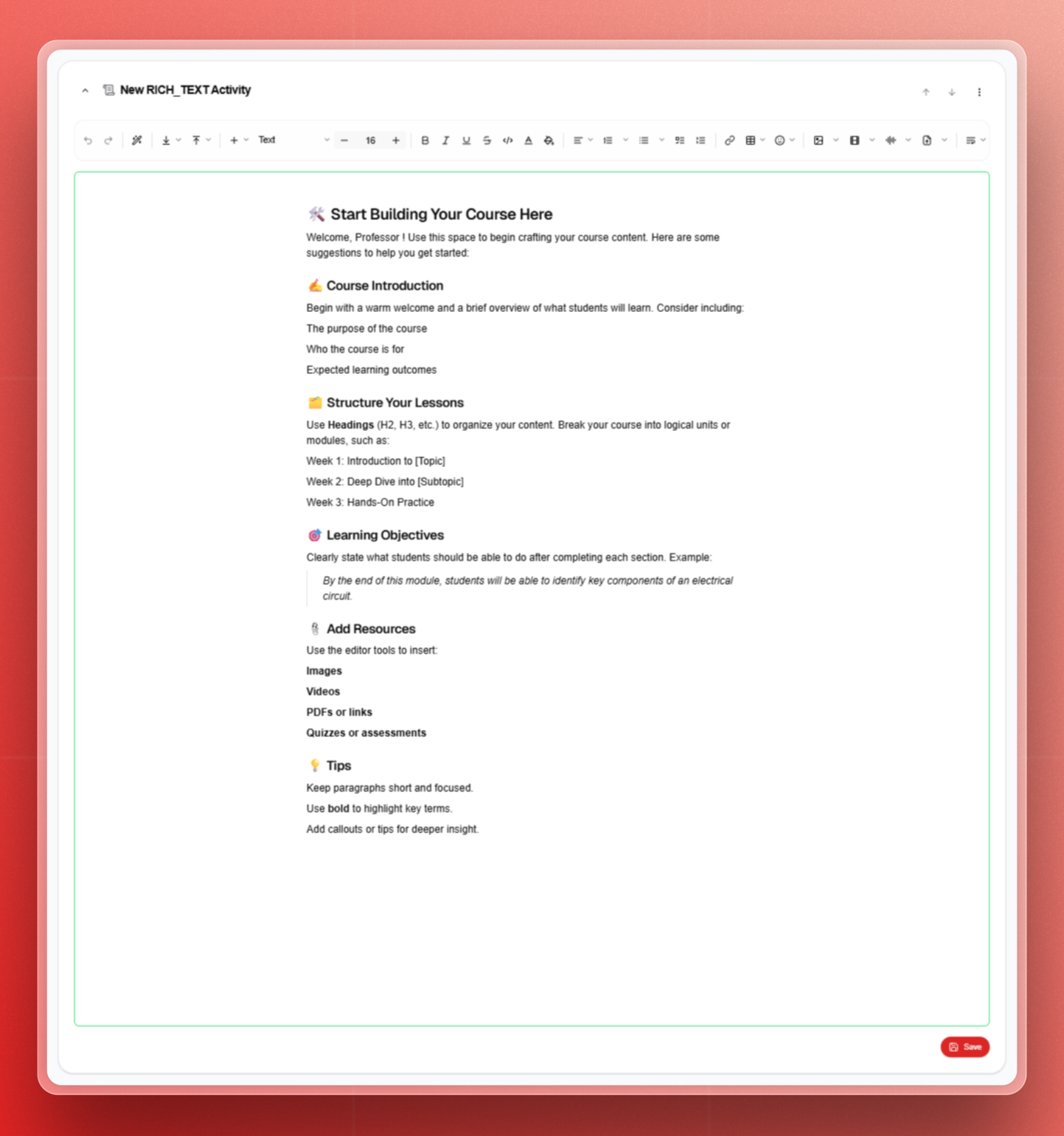 A screenshot of the PomeConnect application interface, showing the Rich Text Activity Authoring Interface.