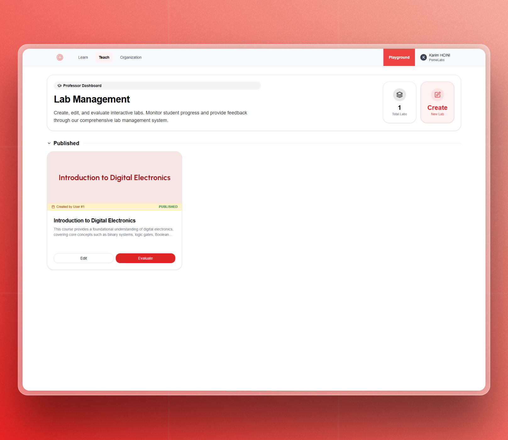 A screenshot of the PomeConnect application interface, showing the Labs page.