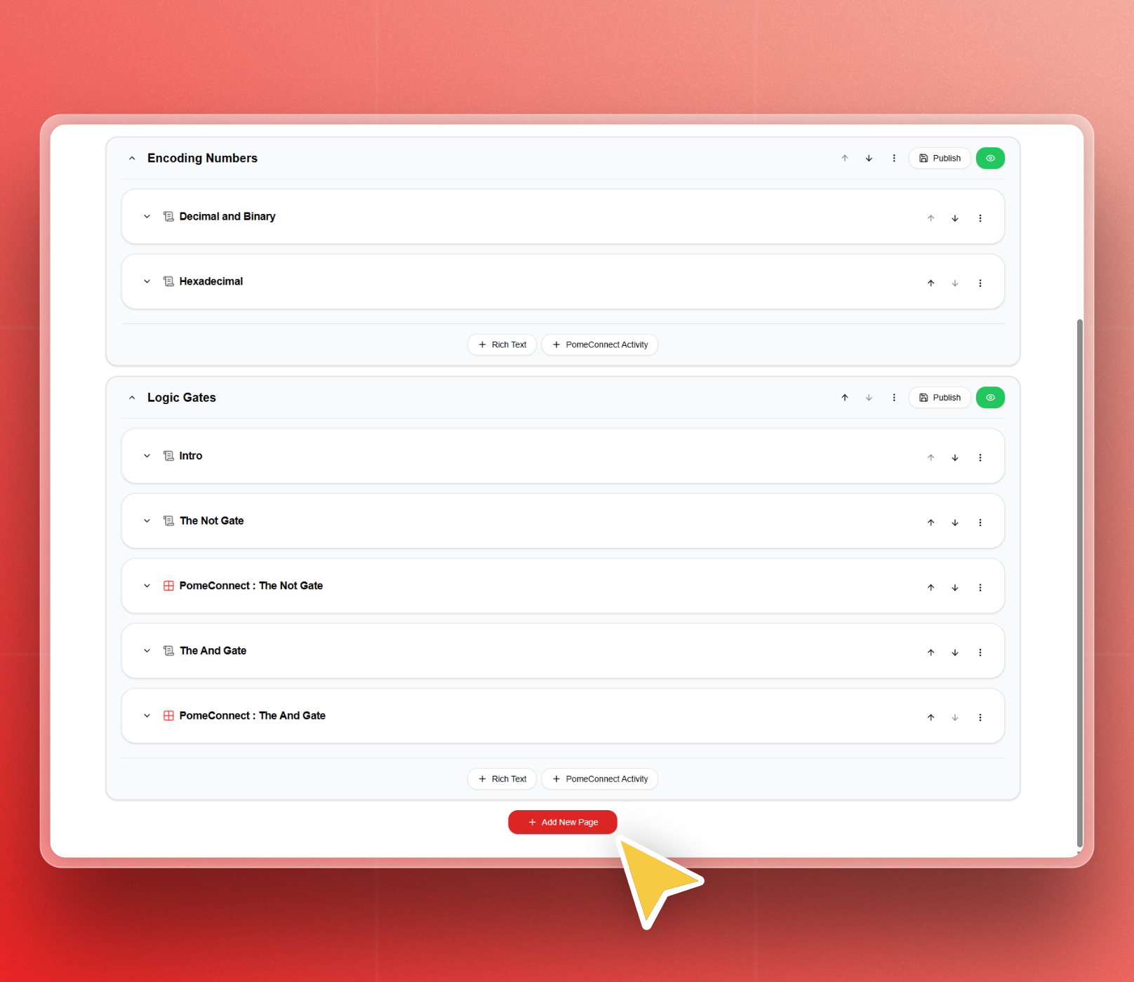 A screenshot of the PomeConnect application interface, showing the Add New Page Button.